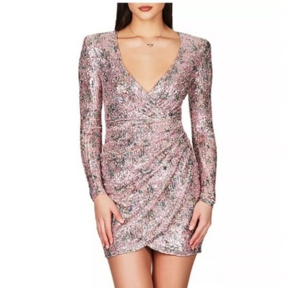 NWT Nookie Forever Long Sleeve Sequined Mini Dress Pink Multicolor Size M - Picture 1 of 7